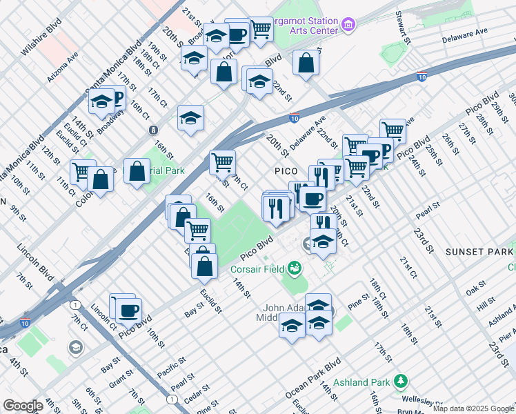 map of restaurants, bars, coffee shops, grocery stores, and more near 1927 17th Street in Santa Monica