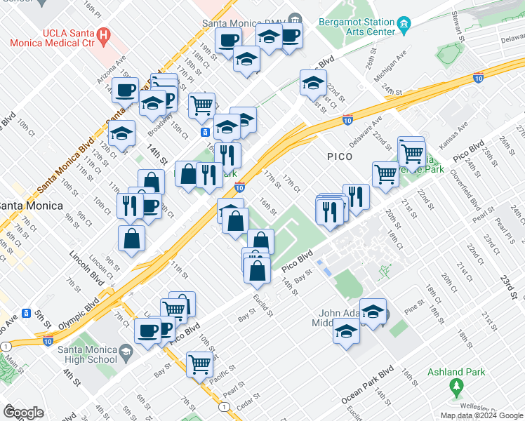 map of restaurants, bars, coffee shops, grocery stores, and more near 1847 14th Street in Santa Monica