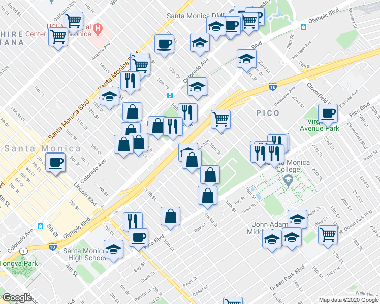 map of restaurants, bars, coffee shops, grocery stores, and more near in Santa Monica