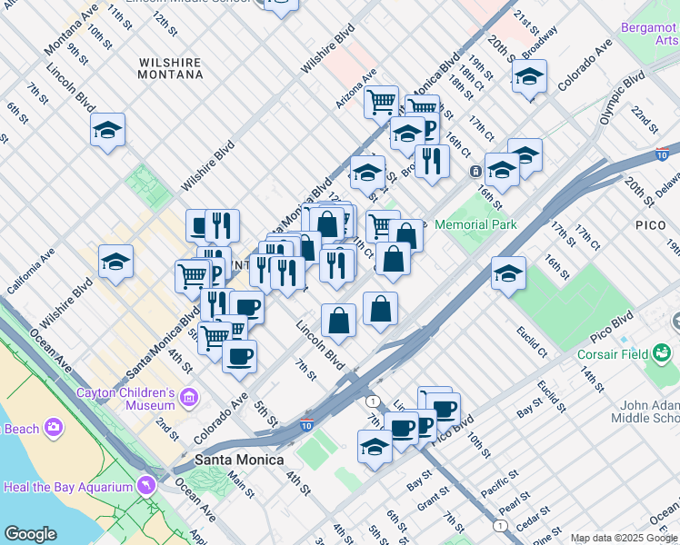 map of restaurants, bars, coffee shops, grocery stores, and more near 1001 Colorado Avenue in Santa Monica