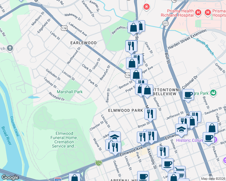 map of restaurants, bars, coffee shops, grocery stores, and more near 1003 Pope Street in Columbia