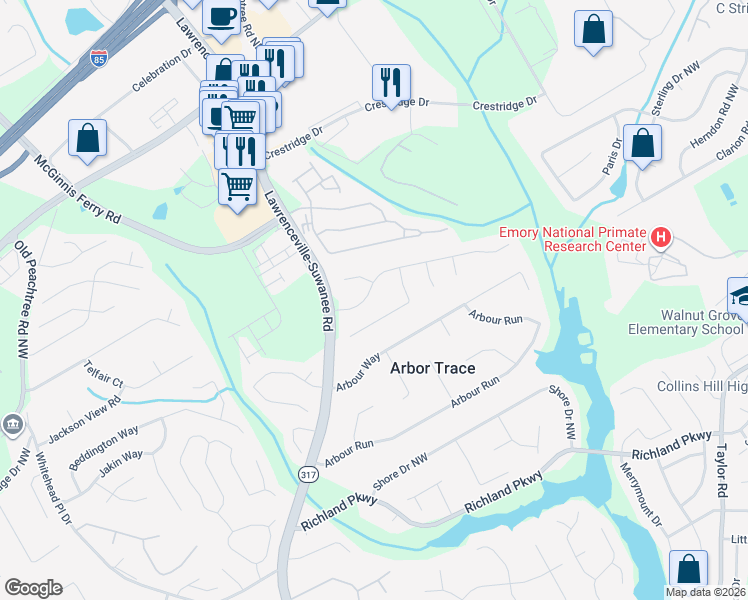 map of restaurants, bars, coffee shops, grocery stores, and more near 390 Falcon Creek Drive in Suwanee