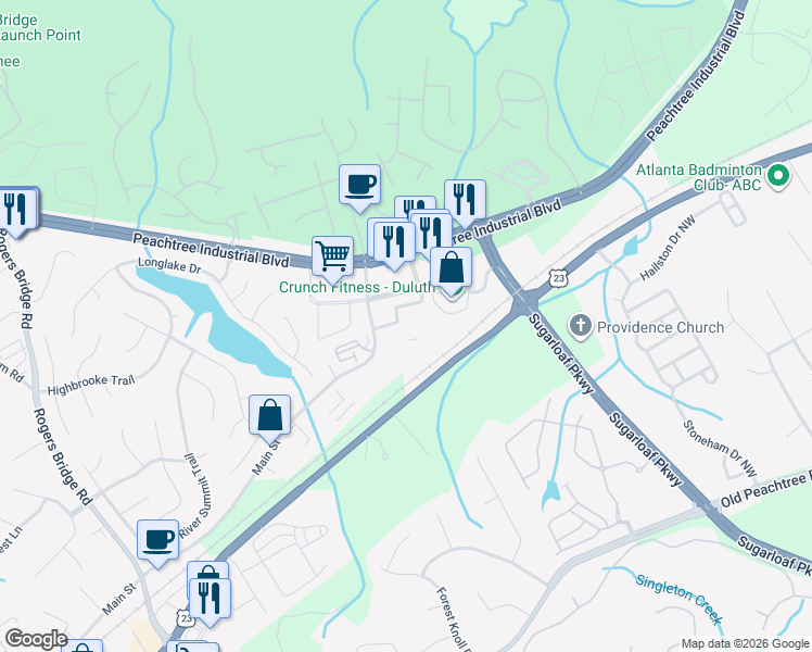 map of restaurants, bars, coffee shops, grocery stores, and more near 2370 Main Street Northwest in Duluth