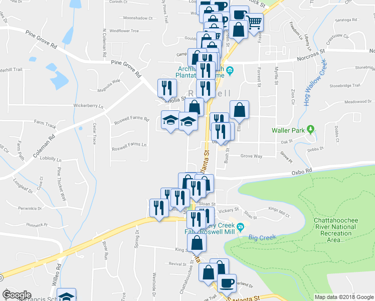 map of restaurants, bars, coffee shops, grocery stores, and more near 719 Mimosa Boulevard in Roswell