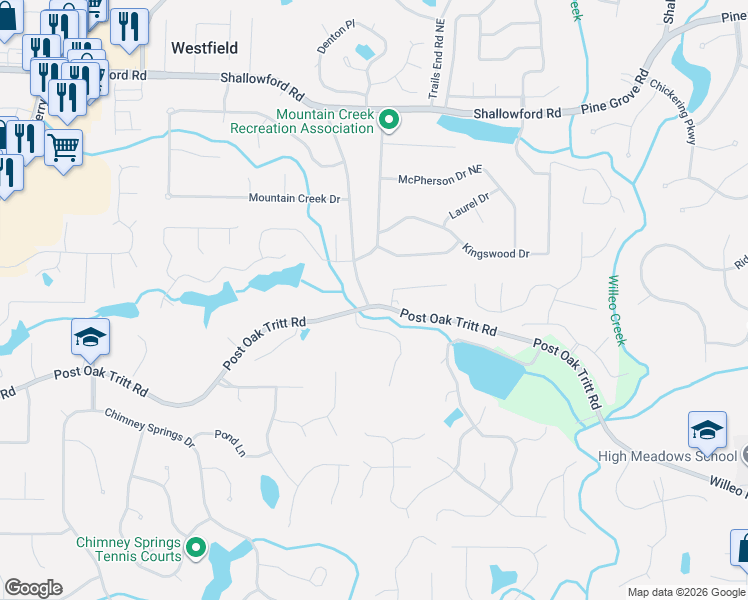 map of restaurants, bars, coffee shops, grocery stores, and more near 4834 Post Oak Tritt Road in Roswell