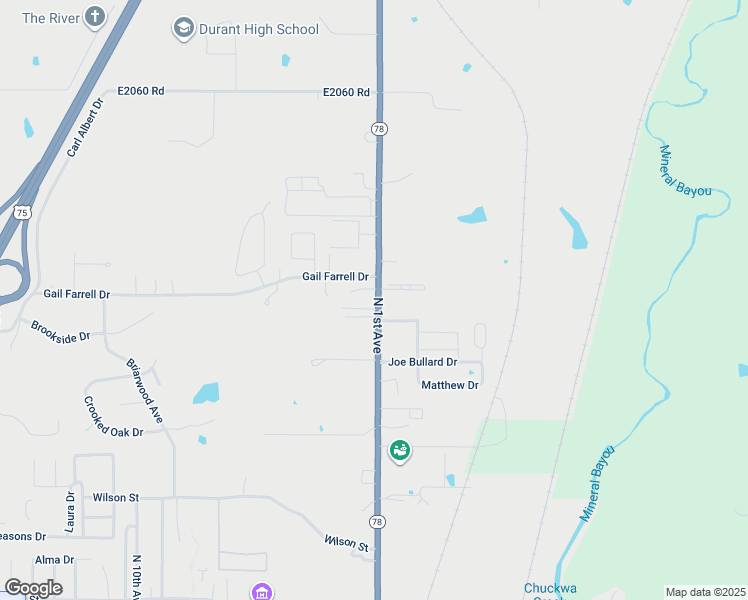map of restaurants, bars, coffee shops, grocery stores, and more near 2847-2863 North 1st Avenue in Durant