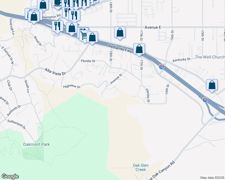 map of restaurants, bars, coffee shops, grocery stores, and more near Highview Drive in Redlands
