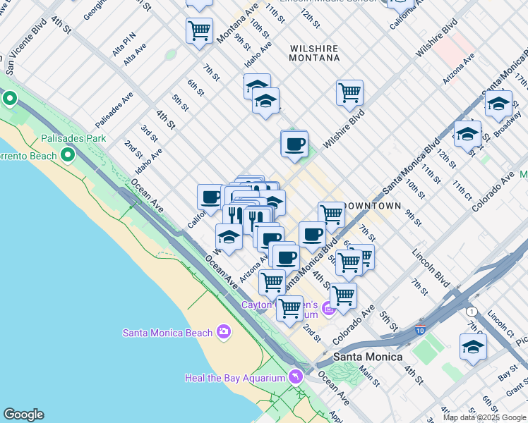 map of restaurants, bars, coffee shops, grocery stores, and more near in Santa Monica