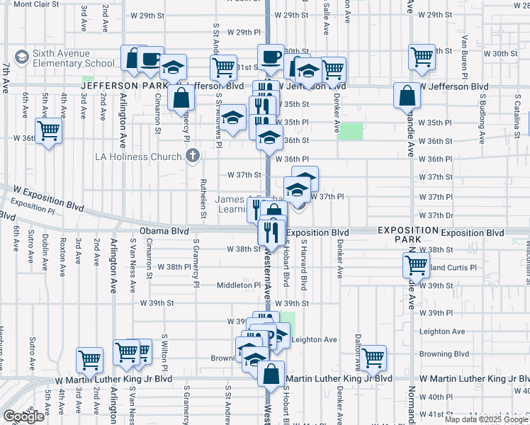 map of restaurants, bars, coffee shops, grocery stores, and more near 3751 South Western Avenue in Los Angeles