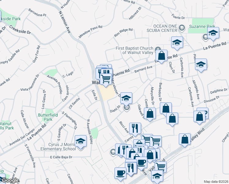 map of restaurants, bars, coffee shops, grocery stores, and more near 20154 Ferndoc Street in Walnut