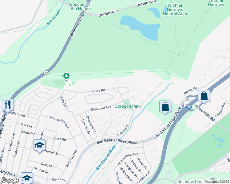 map of restaurants, bars, coffee shops, grocery stores, and more near 9621 Kruse Road in Pico Rivera
