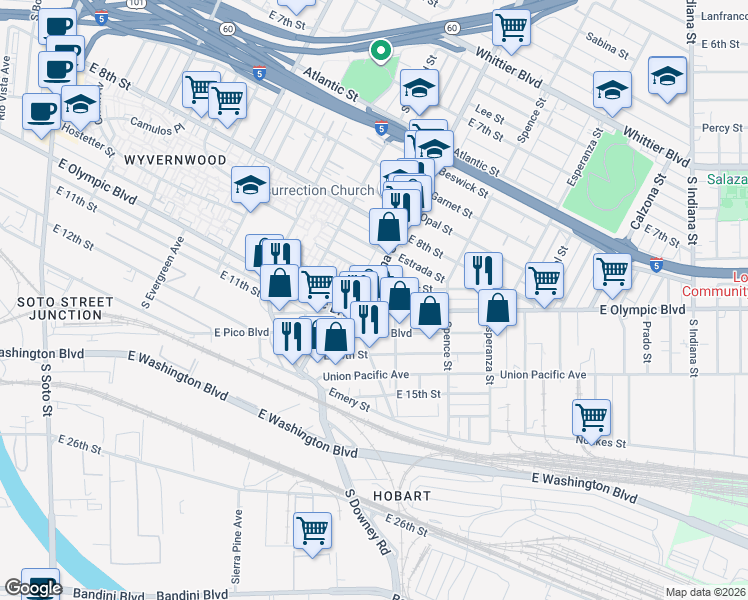map of restaurants, bars, coffee shops, grocery stores, and more near in Los Angeles