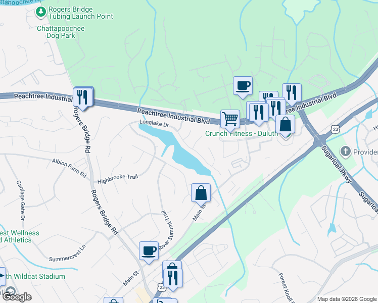 map of restaurants, bars, coffee shops, grocery stores, and more near 3810 Longlake Drive in Duluth