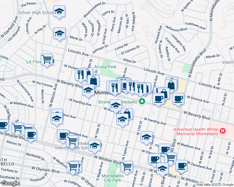 map of restaurants, bars, coffee shops, grocery stores, and more near 1453 West Beverly Boulevard in Montebello