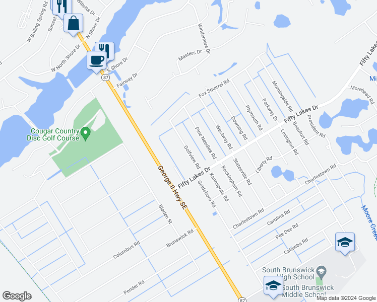 map of restaurants, bars, coffee shops, grocery stores, and more near Golfview Road in Boiling Spring Lakes