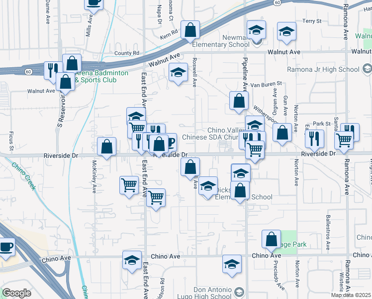 map of restaurants, bars, coffee shops, grocery stores, and more near 3862 Riverside Drive in Chino