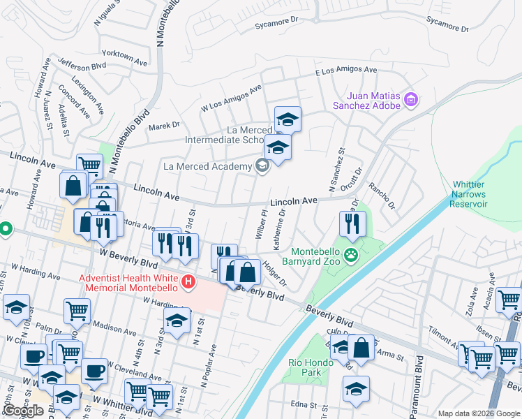 map of restaurants, bars, coffee shops, grocery stores, and more near 657 Wilber Place in Montebello