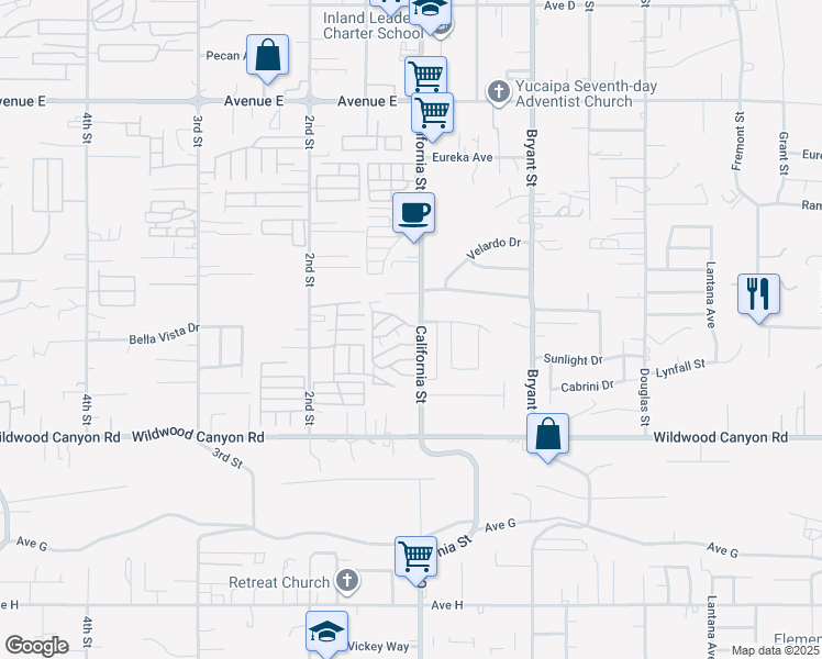 map of restaurants, bars, coffee shops, grocery stores, and more near 12874 California Street in Yucaipa