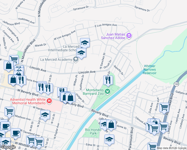 map of restaurants, bars, coffee shops, grocery stores, and more near 653 North Raywood Avenue in Montebello