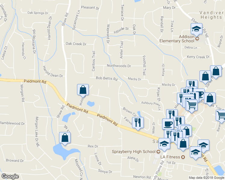 map of restaurants, bars, coffee shops, grocery stores, and more near 2831 Bettis Court in Marietta