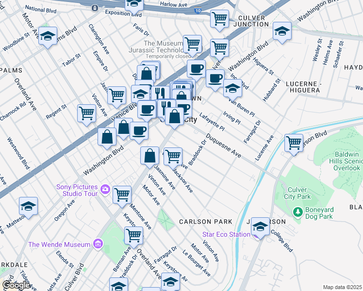 map of restaurants, bars, coffee shops, grocery stores, and more near 4055 Madison Avenue in Culver City