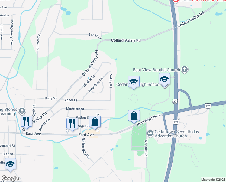 map of restaurants, bars, coffee shops, grocery stores, and more near 606 Valley Road in Cedartown