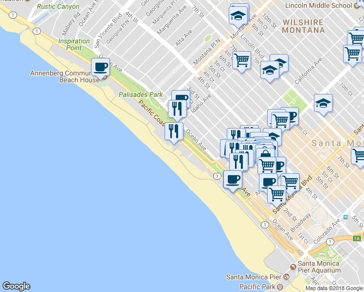 map of restaurants, bars, coffee shops, grocery stores, and more near 936 Palisades Beach Road in Santa Monica