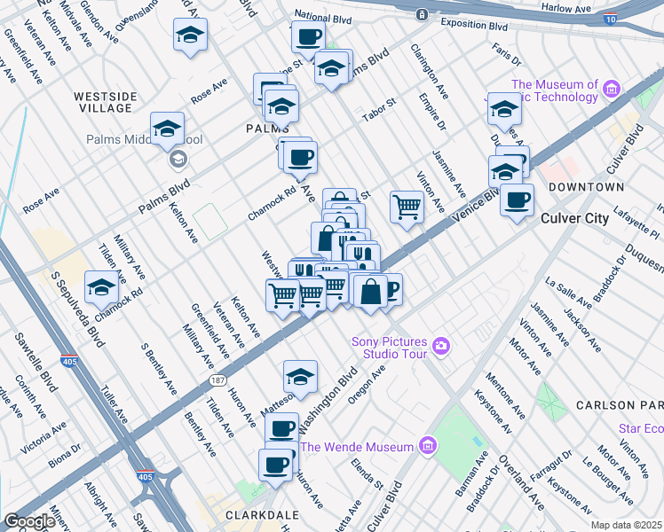 map of restaurants, bars, coffee shops, grocery stores, and more near 3780 Selby Avenue in Los Angeles