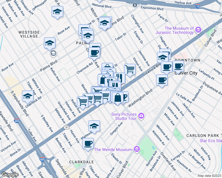 map of restaurants, bars, coffee shops, grocery stores, and more near in Los Angeles