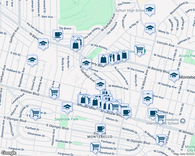map of restaurants, bars, coffee shops, grocery stores, and more near 459 Via Luneto in Montebello