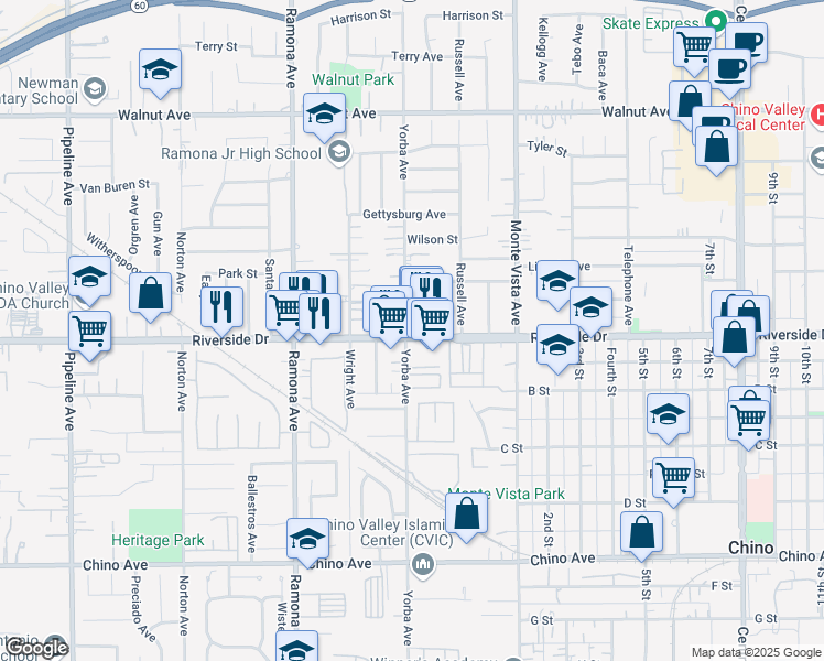 map of restaurants, bars, coffee shops, grocery stores, and more near in Chino
