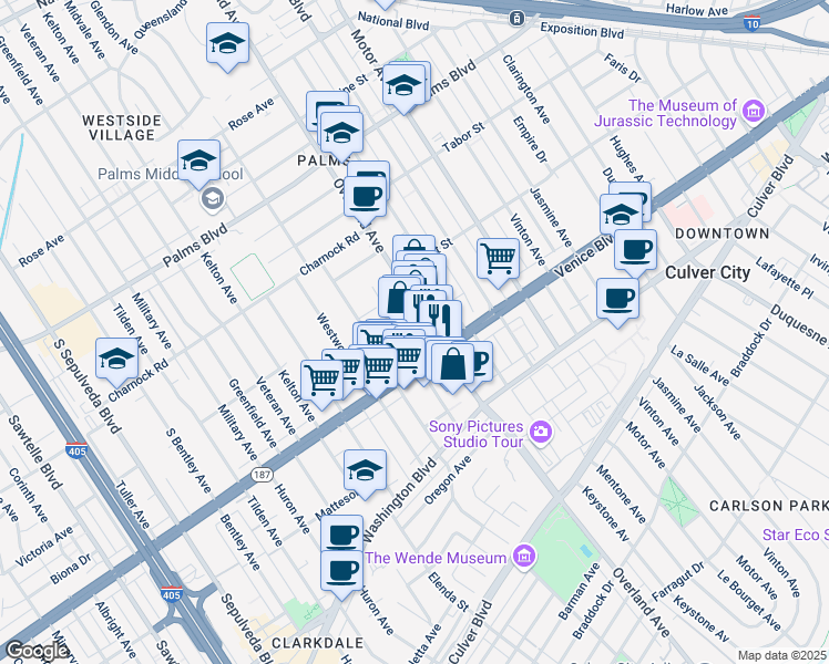 map of restaurants, bars, coffee shops, grocery stores, and more near 3780 Selby Avenue in Los Angeles