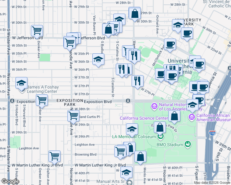 map of restaurants, bars, coffee shops, grocery stores, and more near 1205 West 37th Drive in Los Angeles