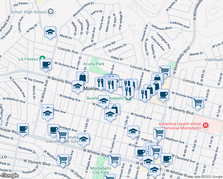 map of restaurants, bars, coffee shops, grocery stores, and more near 1315 West Beverly Boulevard in Montebello