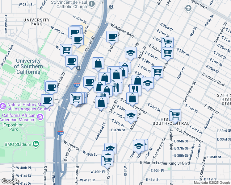 map of restaurants, bars, coffee shops, grocery stores, and more near 100 West Jefferson Boulevard in Los Angeles