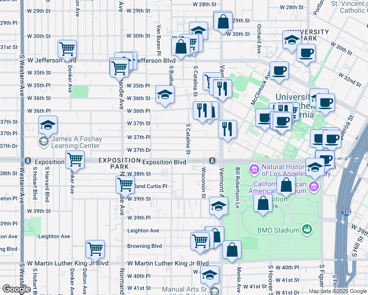 map of restaurants, bars, coffee shops, grocery stores, and more near 1207 West 37th Drive in Los Angeles