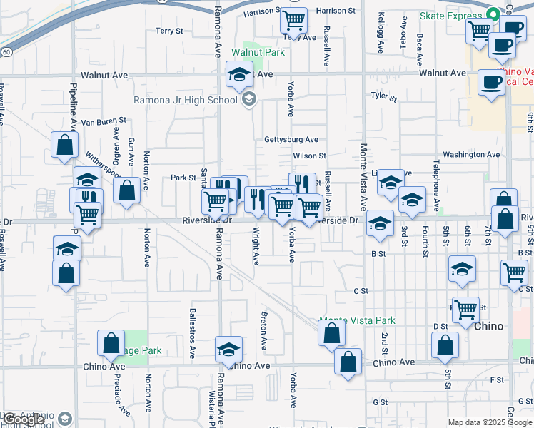 map of restaurants, bars, coffee shops, grocery stores, and more near 12931 Rhodes Place in Chino