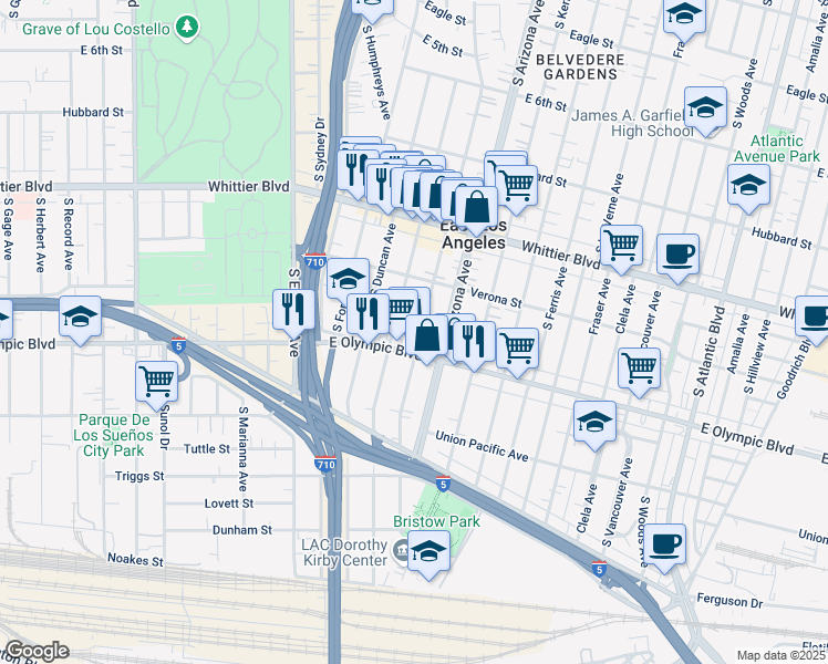 map of restaurants, bars, coffee shops, grocery stores, and more near 1127 South McDonnell Avenue in East Los Angeles