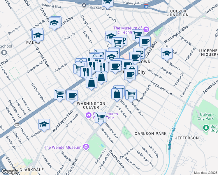 map of restaurants, bars, coffee shops, grocery stores, and more near 10202 Washington Boulevard in Culver City