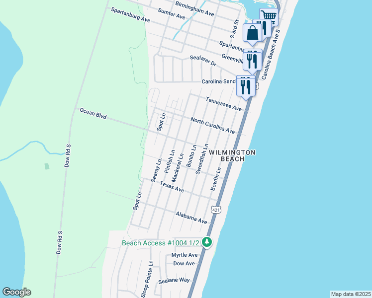 map of restaurants, bars, coffee shops, grocery stores, and more near 1405 Mackerel Lane in Carolina Beach