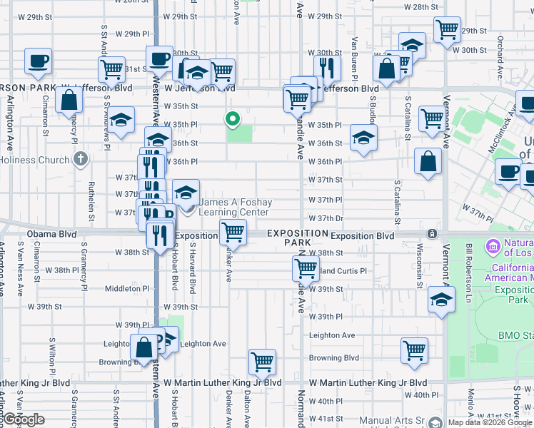 map of restaurants, bars, coffee shops, grocery stores, and more near 1453 West 37th Place in Los Angeles