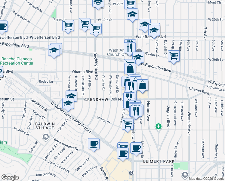 map of restaurants, bars, coffee shops, grocery stores, and more near 3722 Wellington Road in Los Angeles