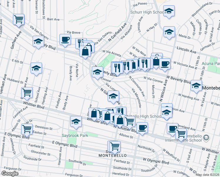 map of restaurants, bars, coffee shops, grocery stores, and more near 459 Via Luneto in Montebello