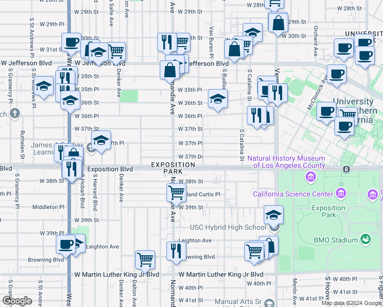 map of restaurants, bars, coffee shops, grocery stores, and more near 1341 West 37th Drive in Los Angeles
