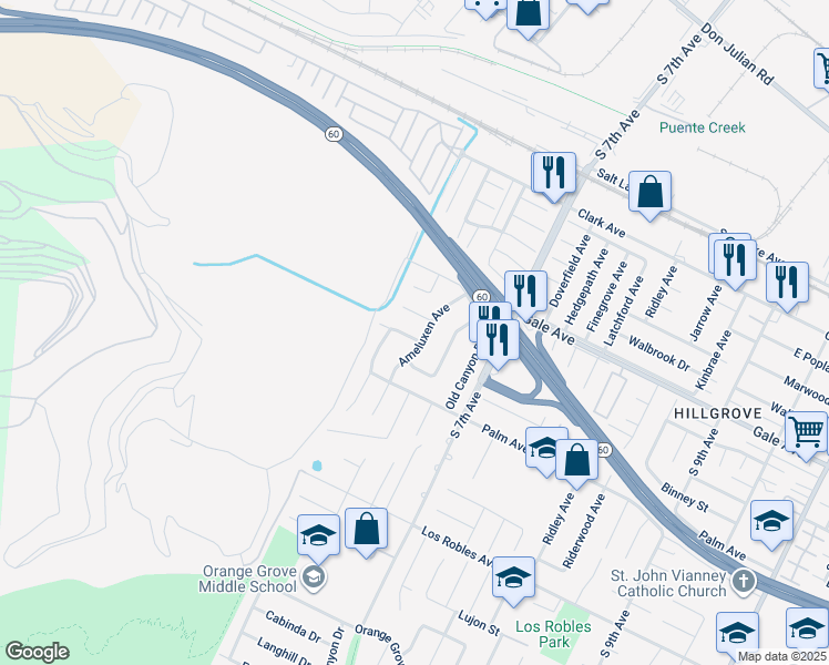map of restaurants, bars, coffee shops, grocery stores, and more near 14437 Denley Street in La Puente