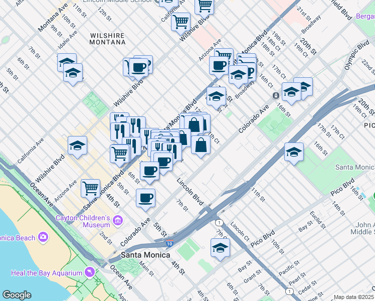 map of restaurants, bars, coffee shops, grocery stores, and more near 1453 10th Street in Santa Monica