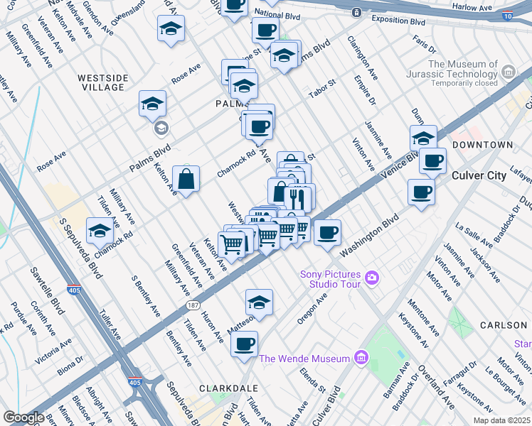 map of restaurants, bars, coffee shops, grocery stores, and more near 3670 Glendon Avenue in Los Angeles