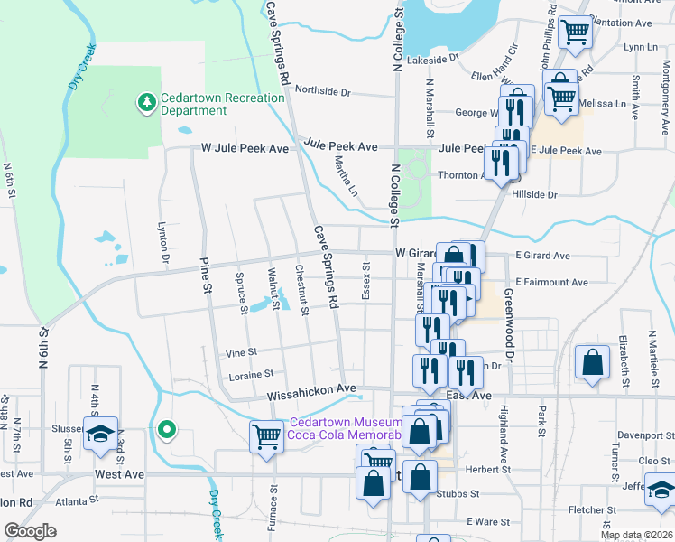 map of restaurants, bars, coffee shops, grocery stores, and more near 317 West Girard Avenue in Cedartown