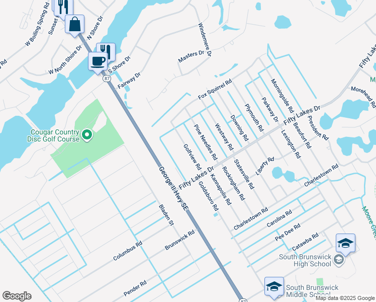 map of restaurants, bars, coffee shops, grocery stores, and more near Golfview Road in Boiling Spring Lakes