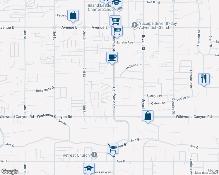 map of restaurants, bars, coffee shops, grocery stores, and more near 12874 California Street in Yucaipa